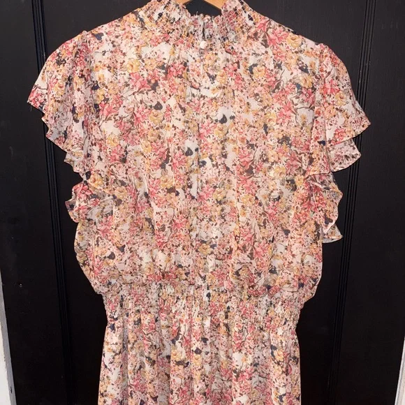 MSK Pink Multi Floral Ruffle Sleeve Wide Leg Jumpsuit Size XL Elastic Waist - Picture 8 of 10
